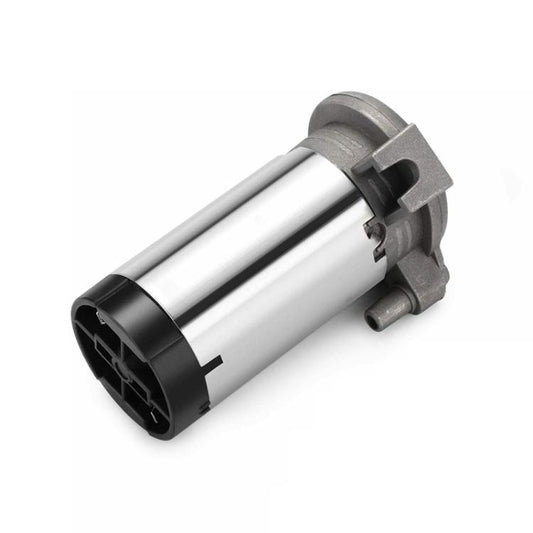 12V air horn compressor pump, silver metal cylinder with black end housing and port.