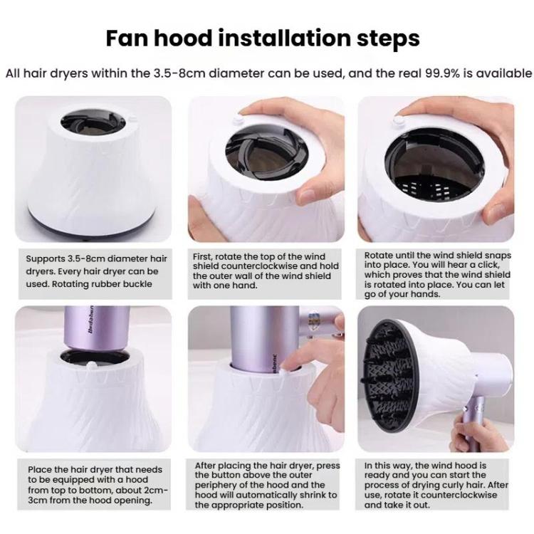 Hair dryer diffuser hood installation steps showing black vented opening on hood