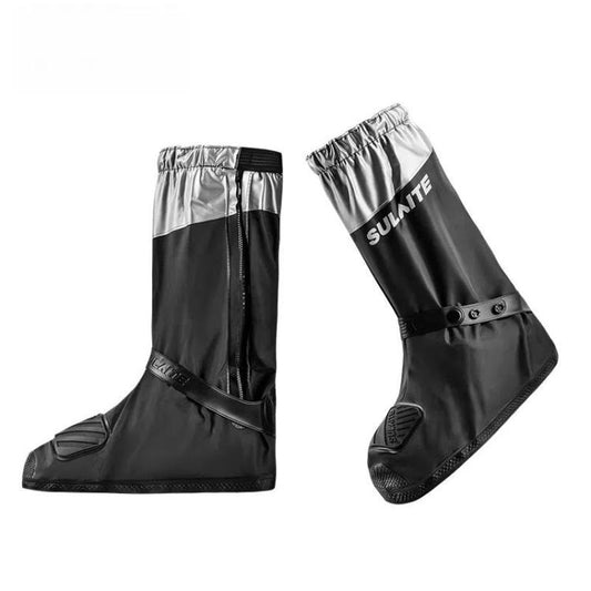 Waterproof motorcycle shoe covers with silver side panels, elastic cuffs, anti-slip soles