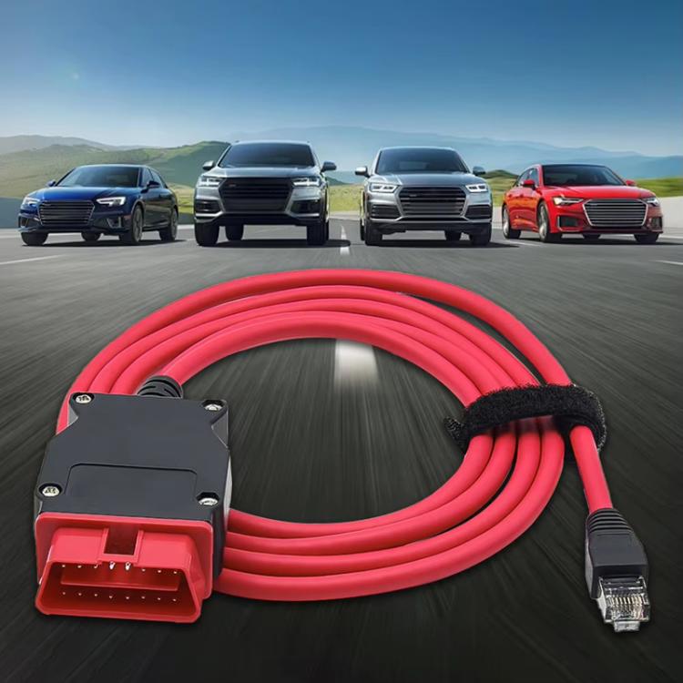 Red DOIP ENET cable with black module and red OBD connector, RJ45 plug