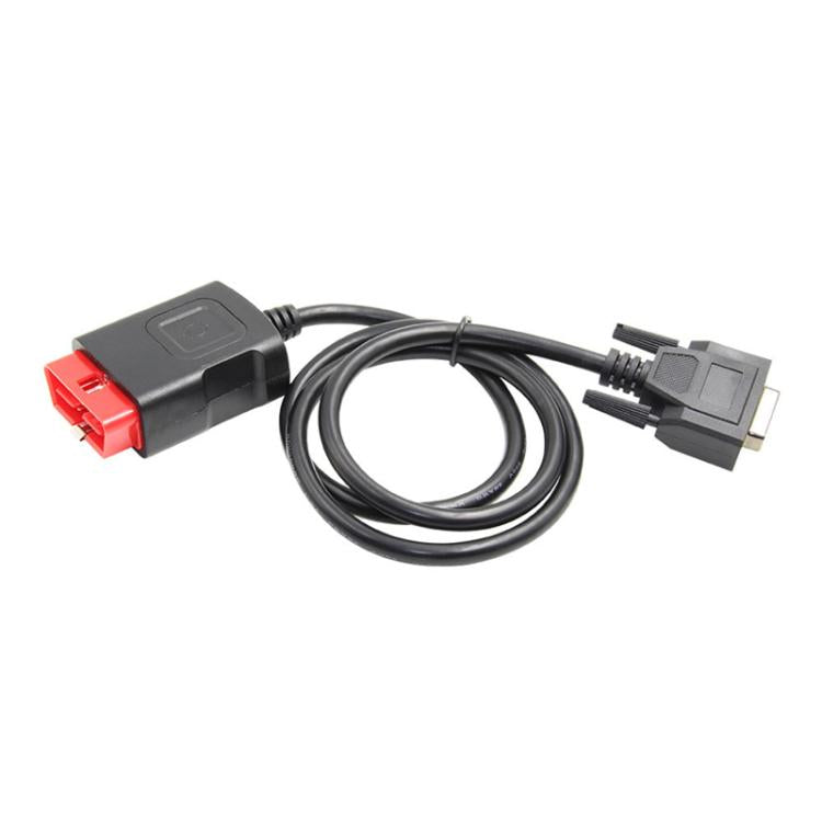 OBD-II diagnostic cable with red OBD plug, DB-9 connector, and USB plug