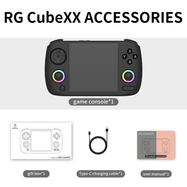 Handheld game console accessories kit with controller, USB-C cable, manual, and gift box