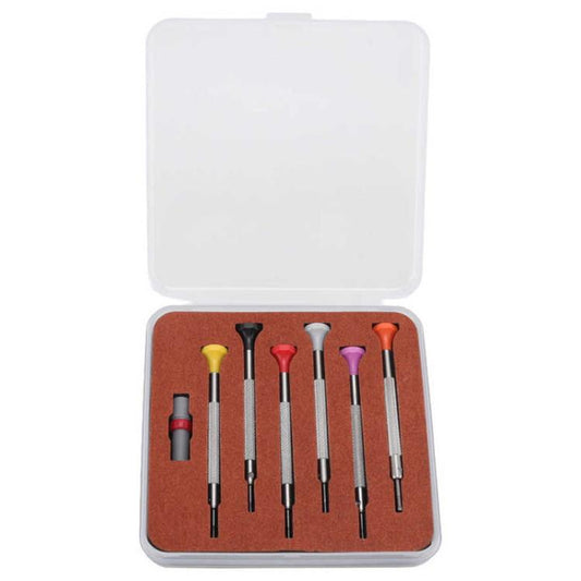 Six flathead watch repair screwdrivers with colored end caps in a storage case