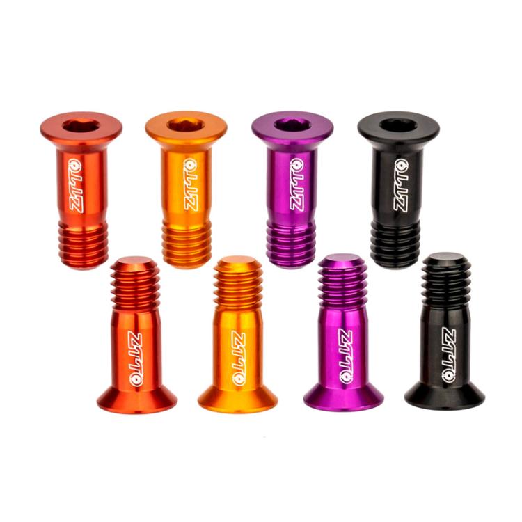 Assorted aluminum derailleur guide wheel screws in orange, gold, purple, and black