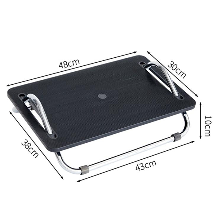 Black adjustable under-desk foot rest with textured platform and curved chrome support.