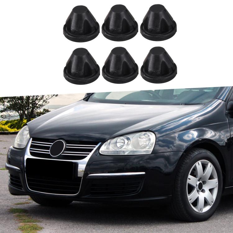 Six black rubber hood grommets set displayed above a car front view.