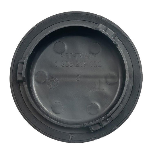 Headlight dust cover, 71 mm round black cap with molded markings and mounting clips