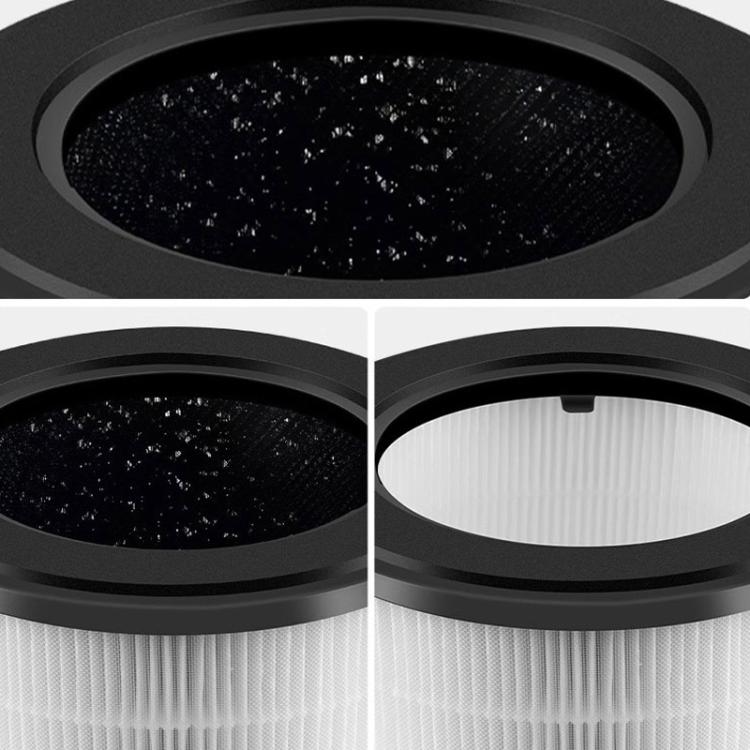 Close-up of air purifier replacement filters: dark top insert and white pleated media