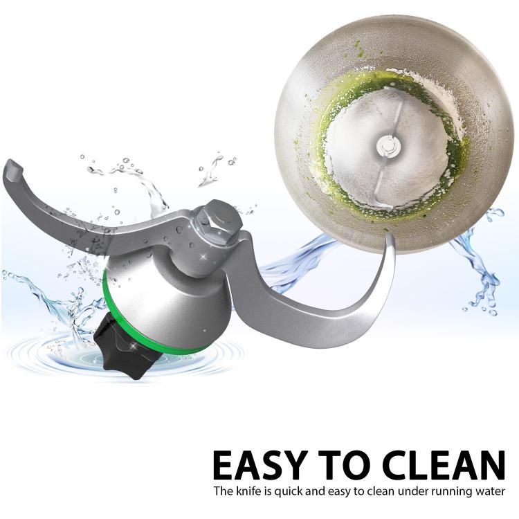 Stainless steel dough mixer knife with green ring, rinsed under running water