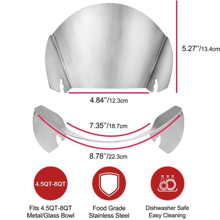 Stainless steel pouring shield with curved shape and measurements for stand mixer bowls