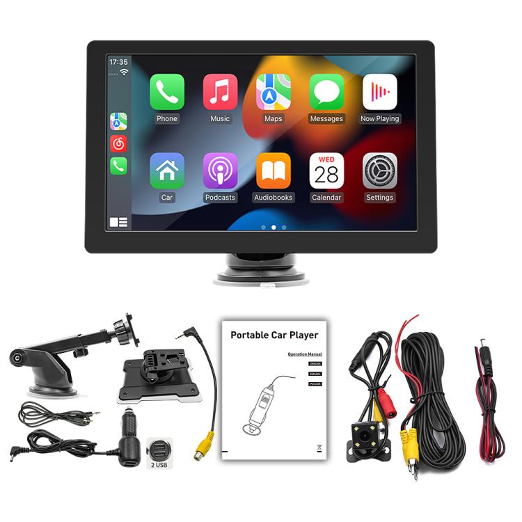 Car stereo screen monitor kit with stand, wiring, and rear view camera module