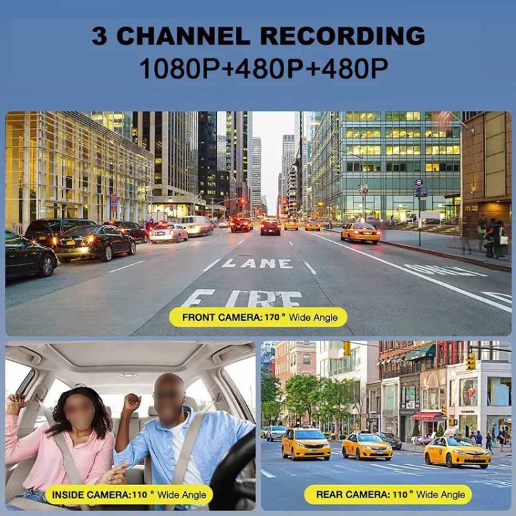 3-channel dash cam system with front, inside, and rear camera views