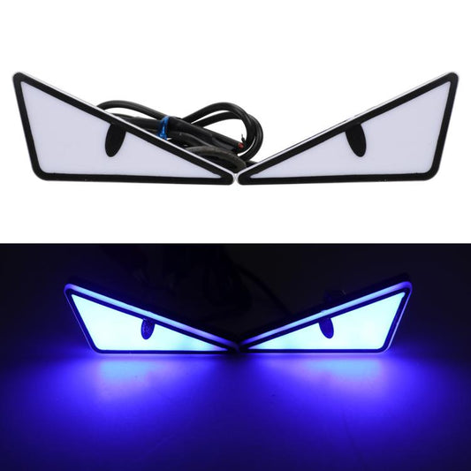 Pair of triangle LED license plate lights, black wiring, blue glow