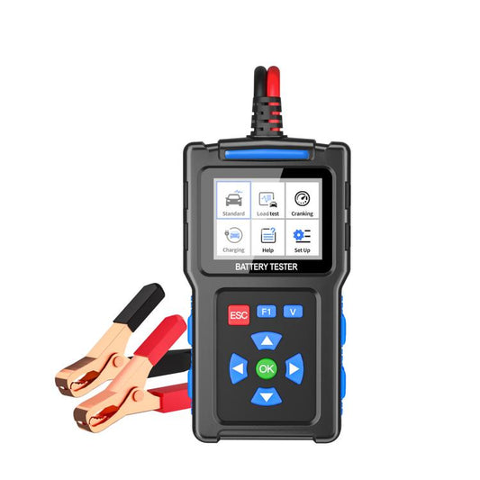 Car battery tester with red/black clamps and blue-backlit display