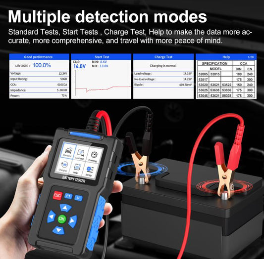 Handheld car battery tester with arrow-button control and connected test cables