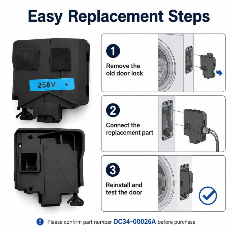 Washer door lock replacement with blue 250V label and three-step installation diagram