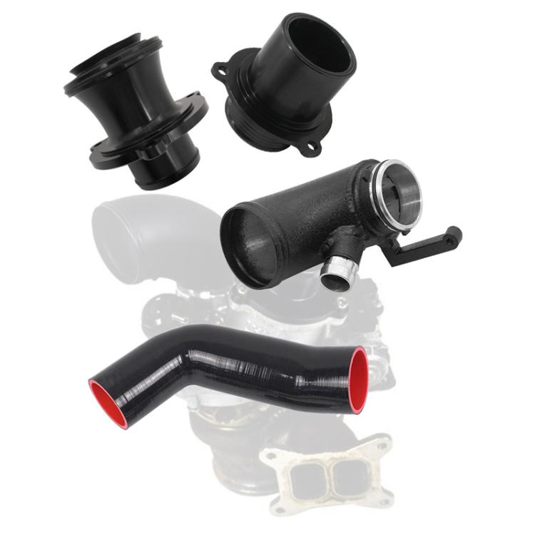 Turbo silencer kit with black plastic couplers, flange, and rubber hoses