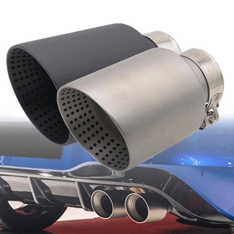 Silver and black dual exhaust tips with perforated ends and clamp hardware