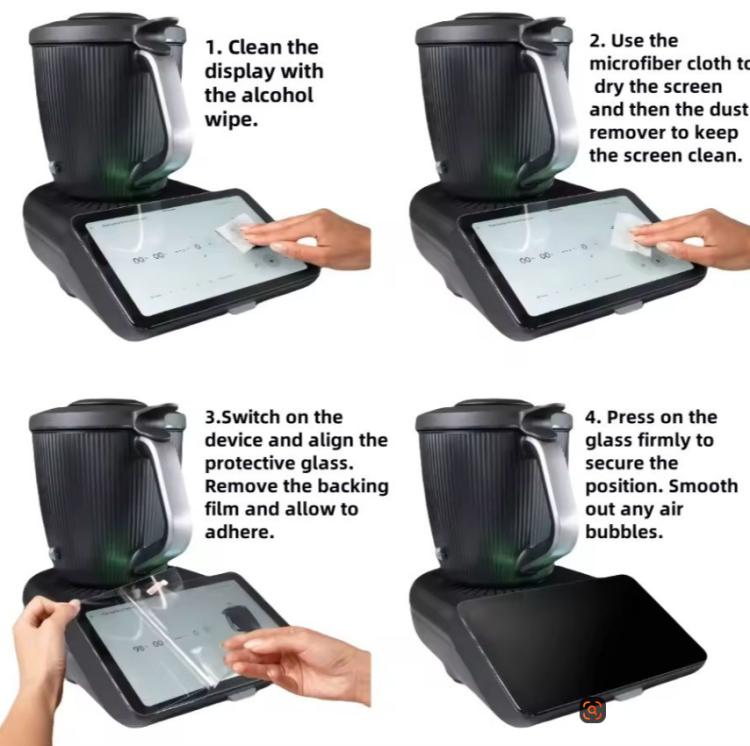 Thermomix TM7 screen protector installation kit with wipes and placement steps