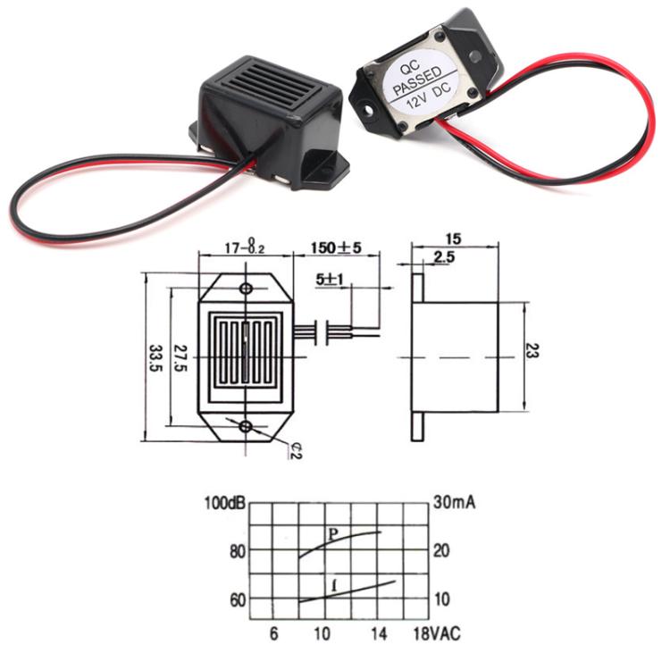 Black buzzer module with wiring diagram and size measurements for piezo device