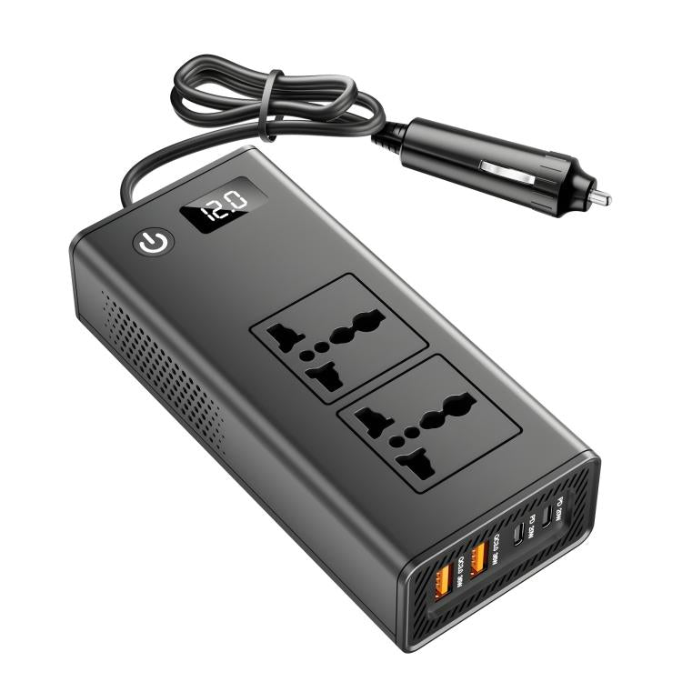 Car power inverter/charger with LED display, two AC outlets, cigarette lighter plug and cord