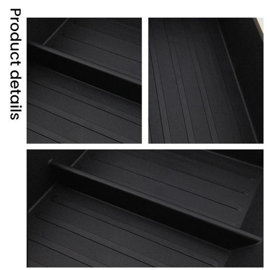 Black storage tray close-up with parallel ridges and divider wells