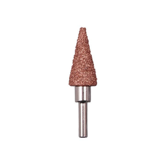 Tire tread grinding head repair tool with upright cone abrasive tip and metal holder
