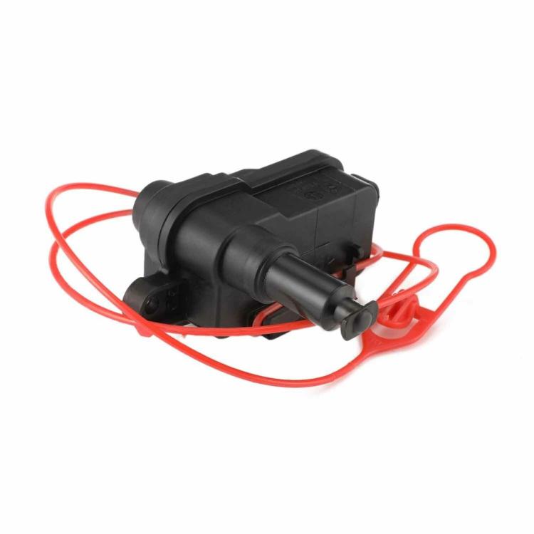 Fuel cap release lock actuator with black cylindrical connector and red wiring