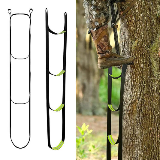 Black rope ladder with loop rungs and neon green trim, attached to a tree