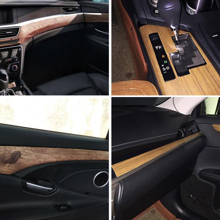Car interior wood-grain trim sticker set for console and door panels, adhesive