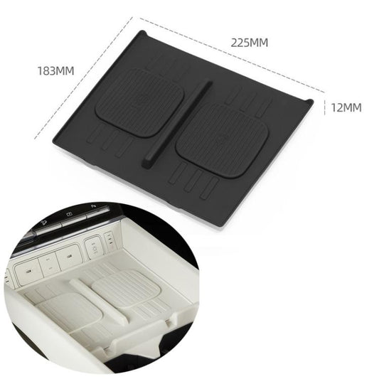 Black silicone charging mat with two square pads and central groove