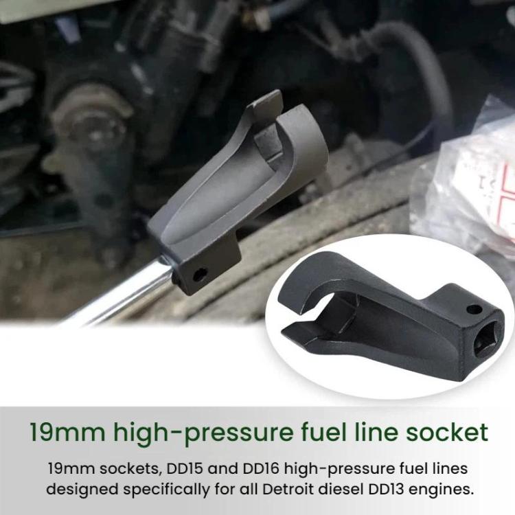 Fuel line sleeve tool with rectangular body, black finish, and circular mounting hole