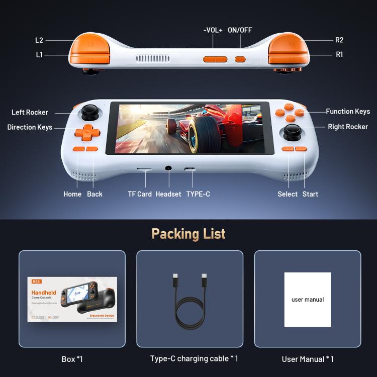 White handheld game console with orange triggers and front touchscreen; accessories shown