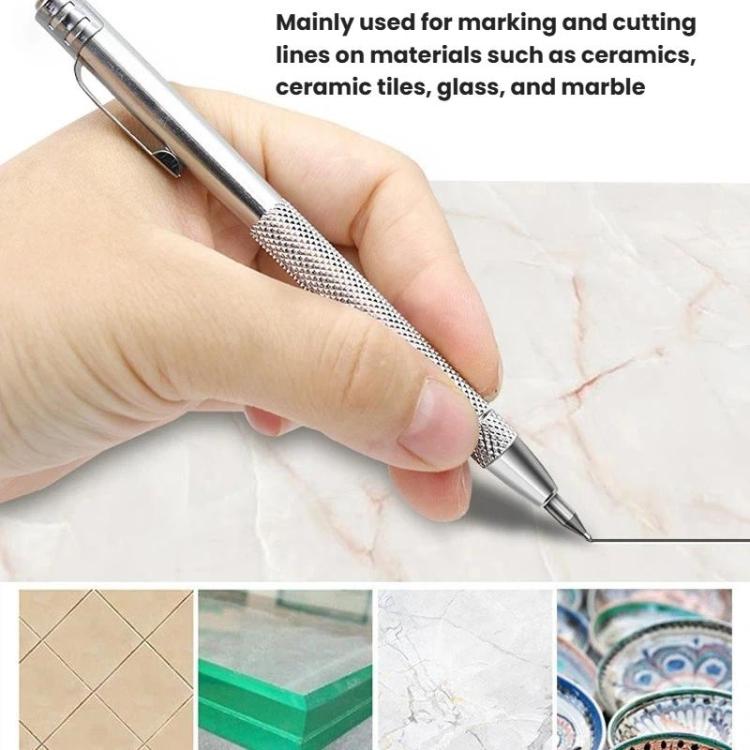 Diamond scratching marker pen held in hand with pointed tip extended