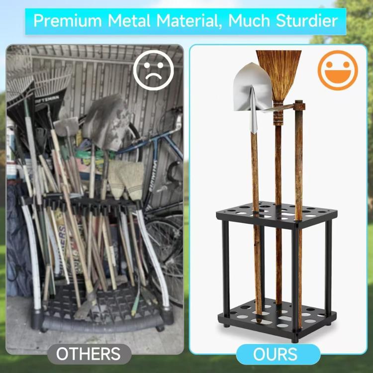 Metal Storage Rack Shelf Powder Coated Rustic Tool Rack Hoe Broom Shovel Storage Rack, Double Layer