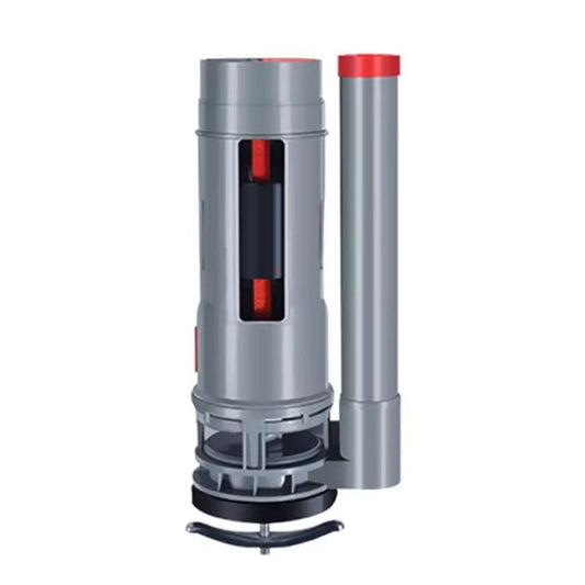 Toilet flush valve cartridge with long outlet pipe, silver-gray and black insert
