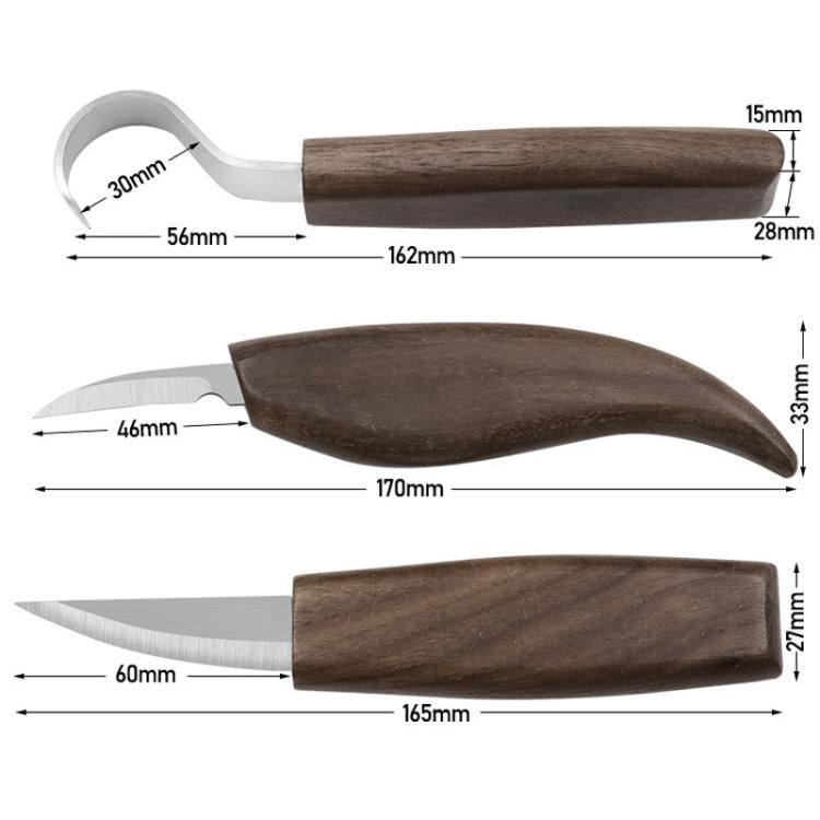 Wood carving knife set dimensions shown: 162mm, 170mm, 165mm lengths