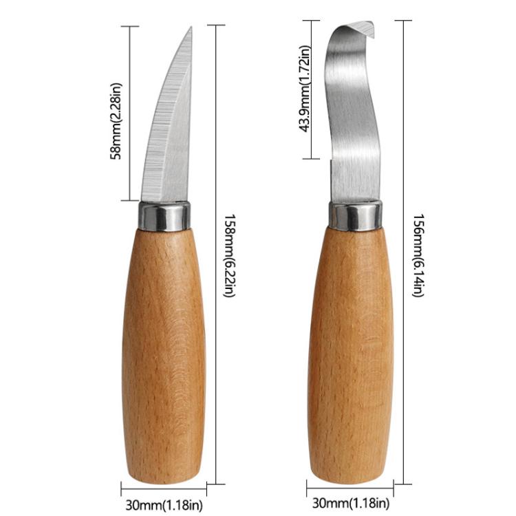 Beech-handled carving knives with metal blades, size diagram