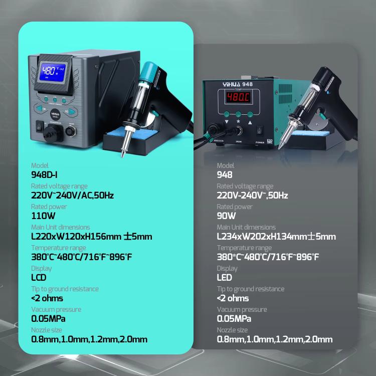 Side-by-side desoldering stations with blue LCD display and teal-handled gun