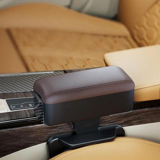 Dark brown car rear center armrest cup holder storage box with padded lid