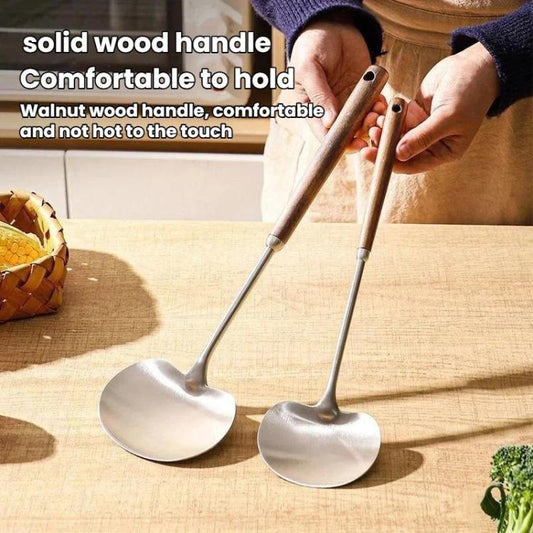2pcs Solid Wood Long Handle Wok Spoon & Ladle Household Kitchen Shovel, Large, Small
