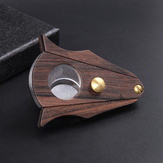 Wood cigar scissors with stainless cutter ring and gold-toned metal details