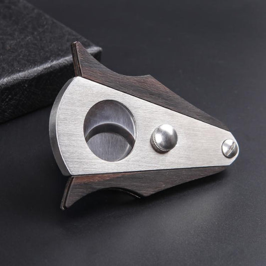 Stainless cigar scissors with dark wood handle, oval hole cutter and silver knobs