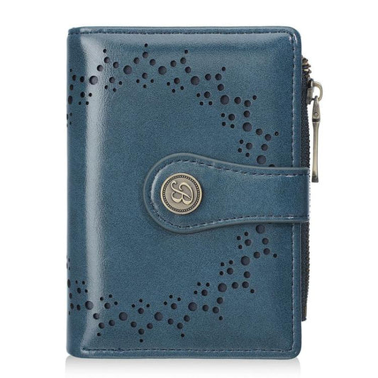 Women’s short wallet in blue oil-waxed leather with perforated pattern and zipper