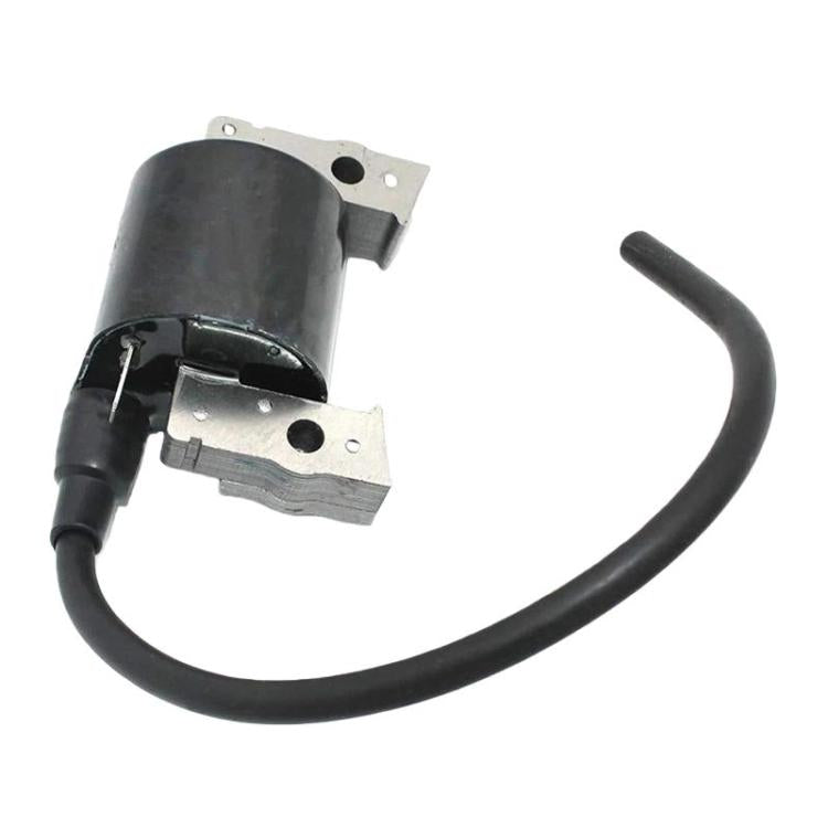 Lawn mower ignition coil with black canister, metal base, and curved black wire