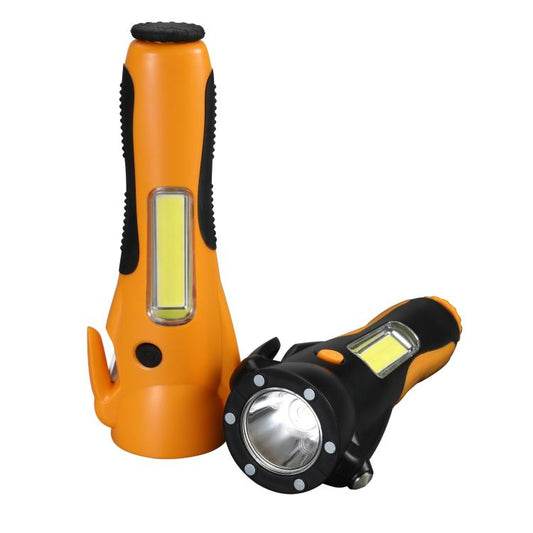 Orange emergency rescue light and compact hammer tool with flashlight and base