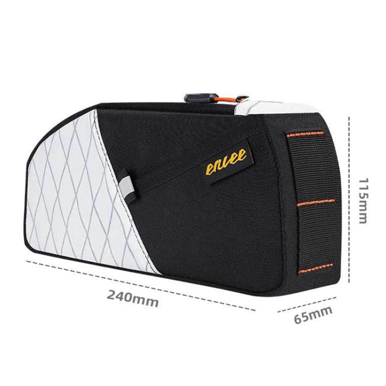 Black and white bike top tube frame bag with marked dimensions for fit