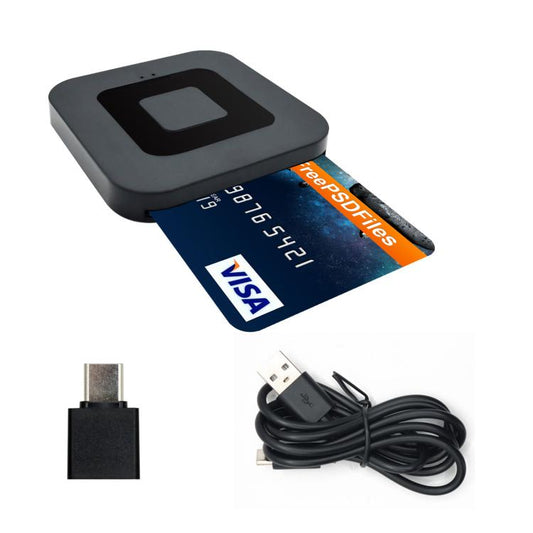 Black card reader base with slot and blue bank card, with included adapter and cables