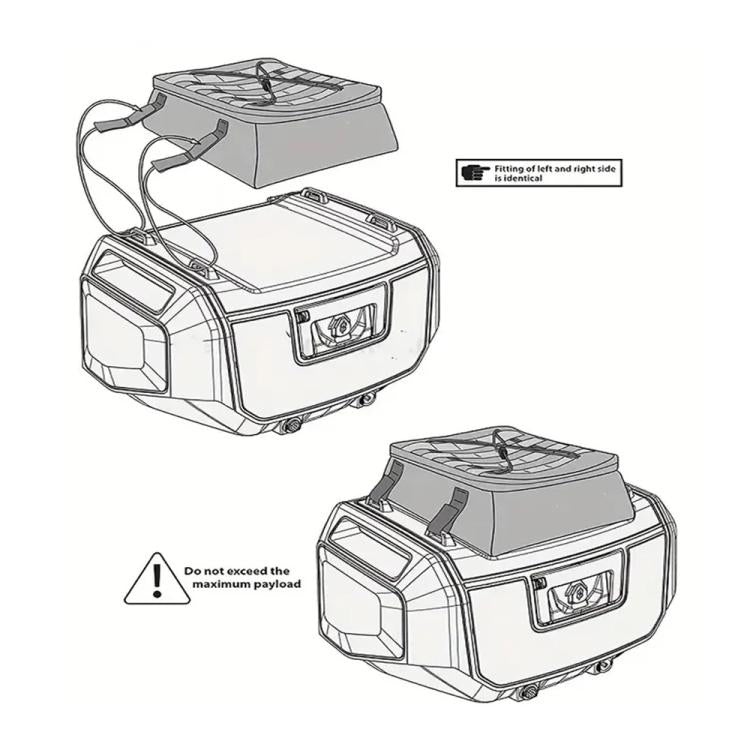 Line drawing of black waterproof motorcycle top bag mounted on a tail case