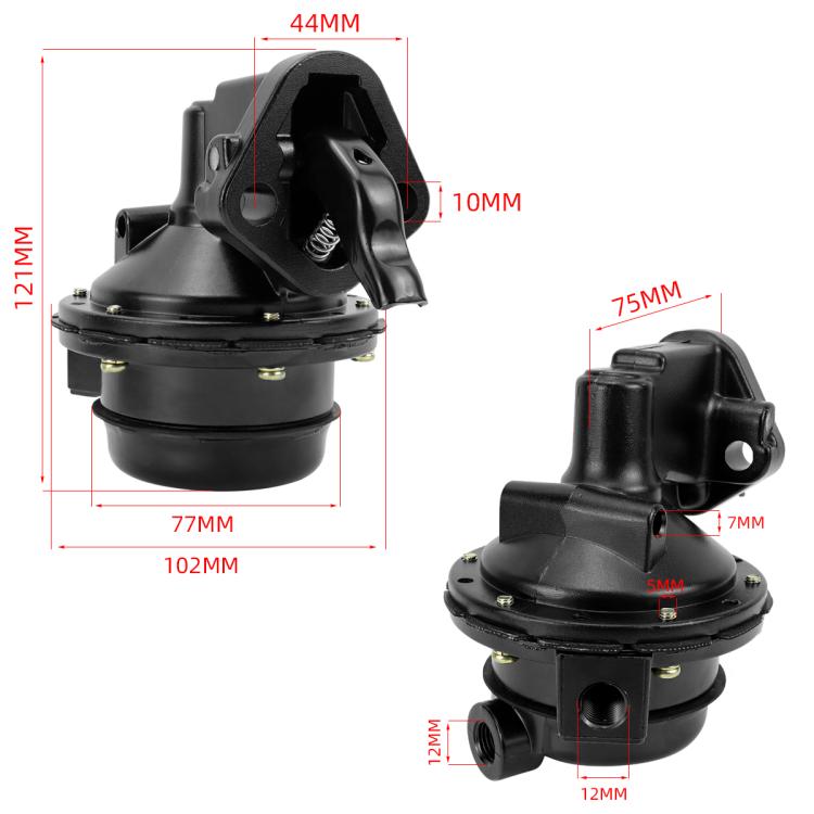 Mechanical fuel pump assembly with labeled size dimensions diagram